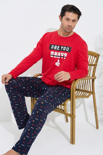 Siyah İnci Red Patterned Cotton Crew Neck Printed Long Sleeve Knitted Pajamas Set
