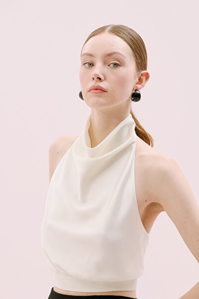 Roman Sırt Dekolteli Degaje Yaka Saten Bluz Ekru Y2513025_049