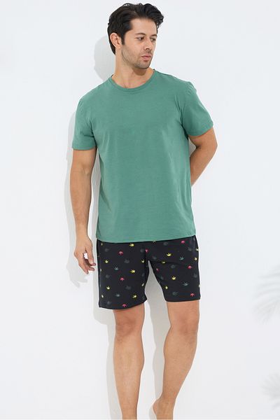 Siyah İnci Green Patterned Cotton Crew Neck Knitted Shorts Set