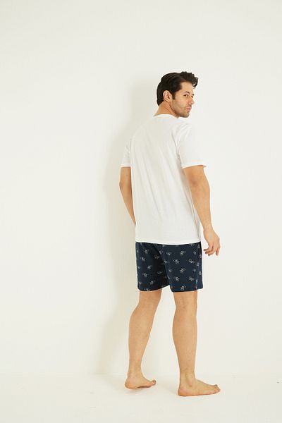 Siyah İnci Ecru Patterned Cotton Crew Neck Embroidered Knitted Shorts Set
