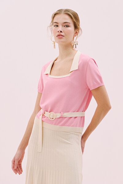 Roman Kare Yaka Beli Kemerli Triko Bluz Pembe- Ekru Y2571003_386