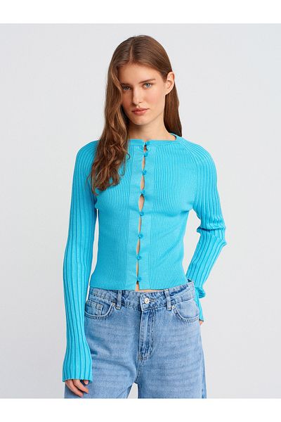 Dilvin 60967 Crew Neck Ribbed Buttoned Thin Knitwear Cardigan-Turquoise