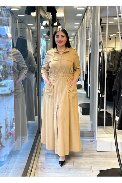 mardi exclusive Γυναικείο Μακρύ Βαμβακερό Φόρεμα Plus Size Slit Beige