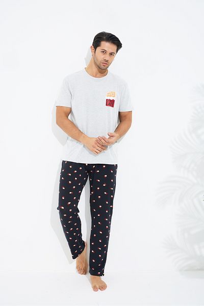 Siyah İnci Gray Patterned Cotton Crew Neck Printed Short Sleeve Knitted Pajamas Set