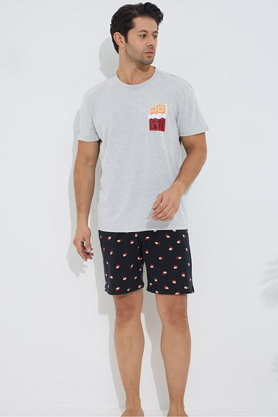 Siyah İnci Gray Patterned Cotton Crew Neck Printed Knitted Shorts Set