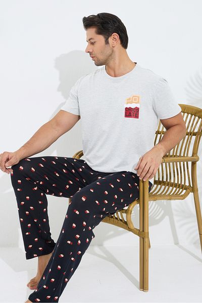 Siyah İnci Gray Patterned Cotton Crew Neck Printed Short Sleeve Knitted Pajamas Set