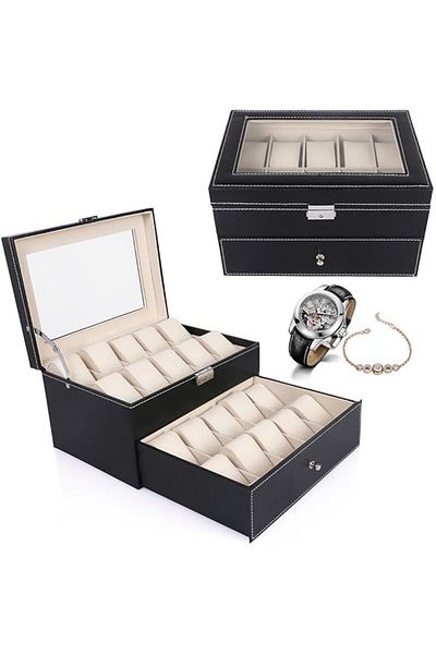fulina Watch Storage Box,20 Compartment Double Elegant Wooden Carbon Fiber Design,with Glass Lid,Black