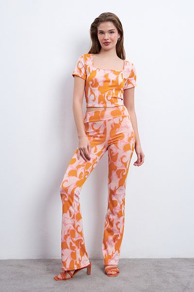 Trendseninle Women's Orange Pink Patterned Lycra Trousers Square Collar Suit