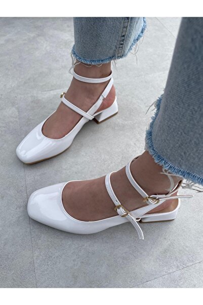 Elvinin Tarzı حذاء بكعب منخفض بكعب منخفض للنساء من جلد أبيض لامع من غيل