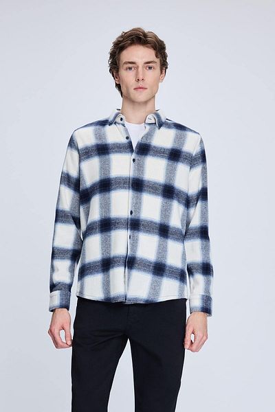 Hatemoğlu Μπλε Navy Slim Fit καρό με γιακά μακρυμάνικο βαμβακερό πουκάμισο