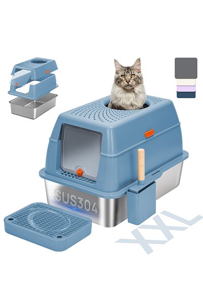 KidLe Large Cat Litter Box with Lid Metal Litter Pan Tray with High Wall Sides