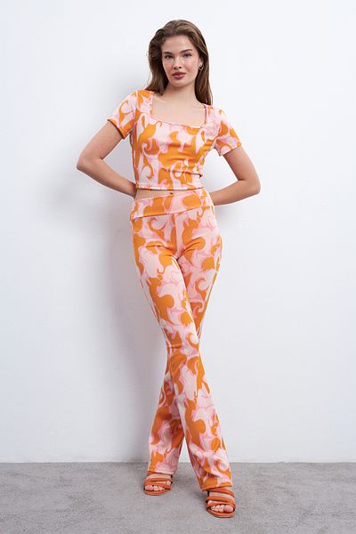 Trendseninle Women's Orange Pink Patterned Lycra Trousers Square Collar Suit