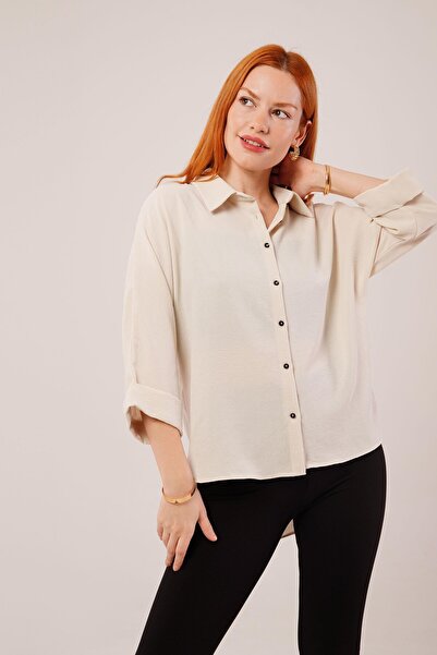 Femella Women Fashion Cămașă bej cu detaliu pliat pe mâneci