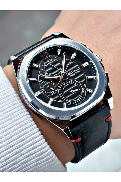 Ferrucci Black Leather Band Men's Wristwatch - 3 Atm Waterproof, Functions Activated