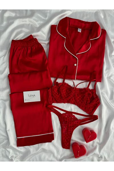 Lena Homewears Changer Luxury Red Lingerie Satin Pajamas Set