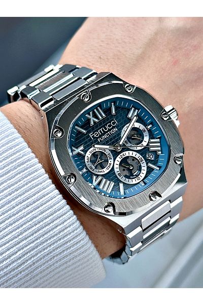 Ferrucci men's Silver Color Waterproof Steel Cord Function Wrist Watch