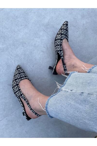 Elvinin Tarzı Ales İnce Topuklu Siyah Beyaz Tüvit Kumaş Ayakkabı