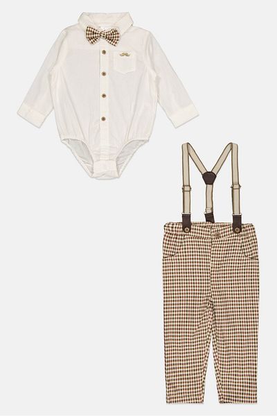 Little Gent Toddlers Boy 3 Pieces Plaid Top And Bottom With Bow Tie Set, Off White