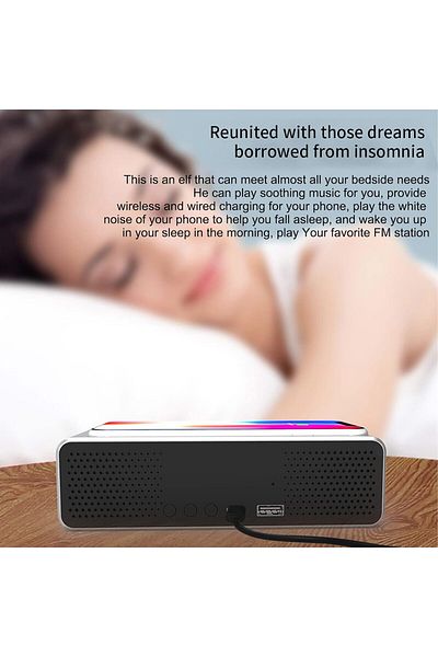 COOYA Wireless Speaker, Fast Charging Stand, Alarm Clock, Time Temperature Display with USB Output