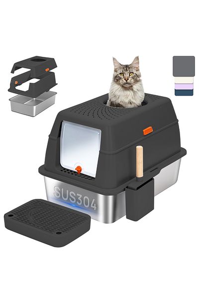 KidLe Large Cat Litter Box with Lid Metal Litter Pan Tray with High Wall Sides