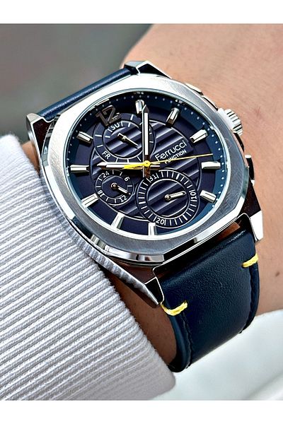 Ferrucci Navy Blue 3 Atm Waterproof Leather Men's Wristwatch - Functions Active