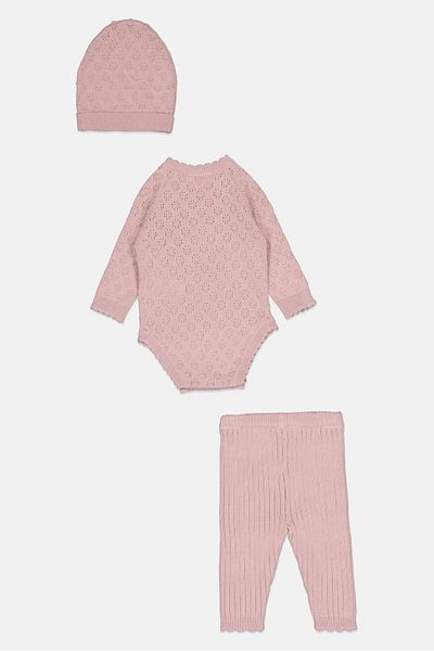 Rock A Bye Baby Boutique Toddlers Girl 3 Pieces Knitted Bodysuit And Tights With Cap Set, Rose Gold