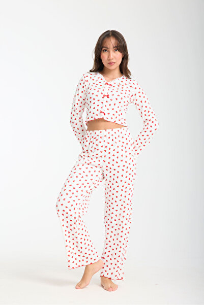 PEMBİŞ HOMEWEAR Kırmızı Kalpli Kurdeleli Pijama Takımı