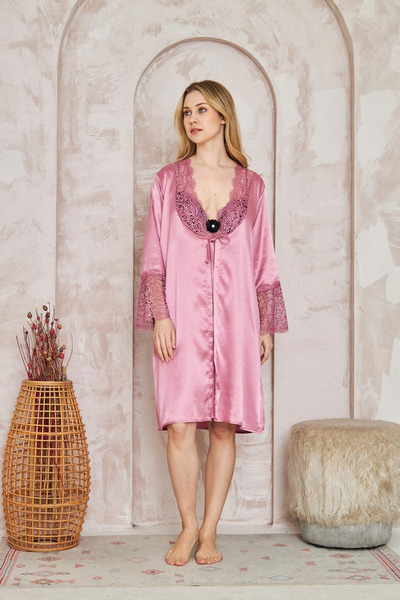 LORIAN'S Σετ νυχτικό και φόρεμα από μεταξωτό σατέν δαντέλα Σετ 2 τεμαχίων (με...