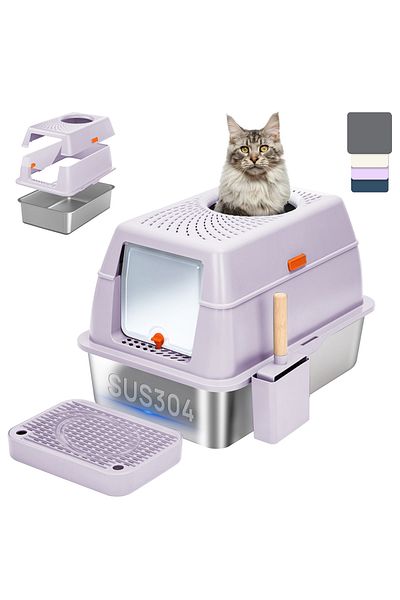 KidLe Large Cat Litter Box with Lid Metal Litter Pan Tray with High Wall Sides