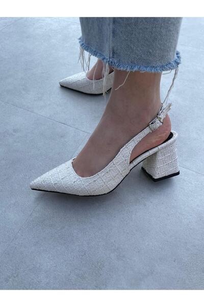 Rose White Tweed Thick Heels