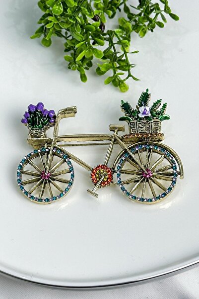 Enfes Takı Özel Tasarım Çiçek Sepetli Bisiklet Broşu