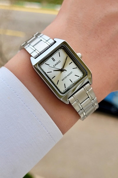 Casio Silver Color Steel Cord Rectangle Case Women Wristwatch