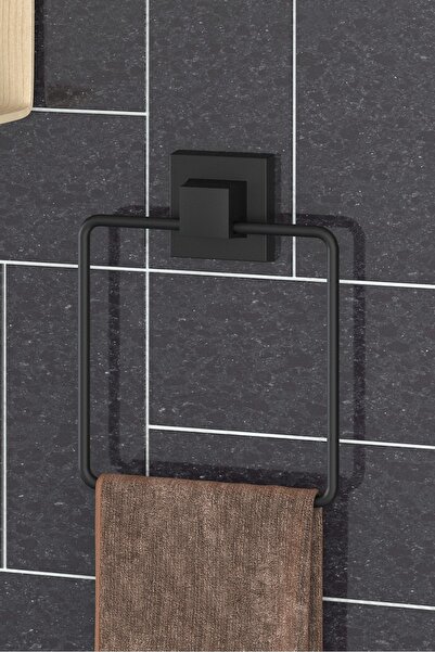 Teknotel Delme Vida Matkap Yok! Yapıskanlı Kare Havluluk Banyo Havlu Askısı Mat Siyah Ef234