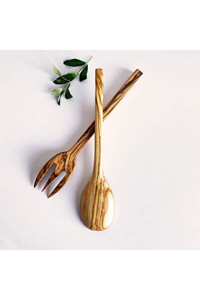 egedeneve Natural Olive Tree Salad Serving Set (2 Pieces) - Zeus Collection - Large Wooden Fork and Spoon