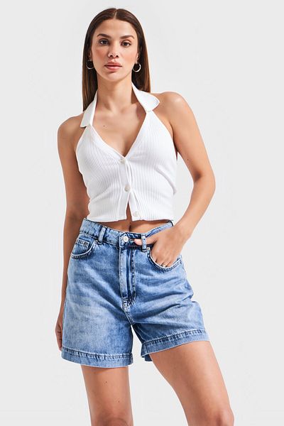 its basic Blugi de damă, culoare albastră, 4S5-27 Mom Fit, țesătură din bumbac Viscon, pantaloni scurți din denim de lungime mini