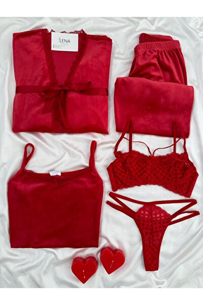 Lena Homewears Women's Pajamas Set with Red Lingerie and Velvet Dressing Gown