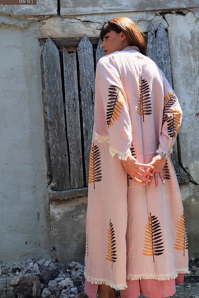 Su Koleksiyon BOHTA PRINTED BOHO STYLE LEAVET PATTERNED COTTON KAFTAN - PINK