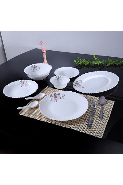 ROYALFORD 34Pcs Opal Ware Dinner Set - Floral Design Plates, Bowls, Spoons