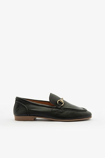 SAYL Black Genuine Leather Women's Loafer Gold Buckle Ballerina Loafer Shoes