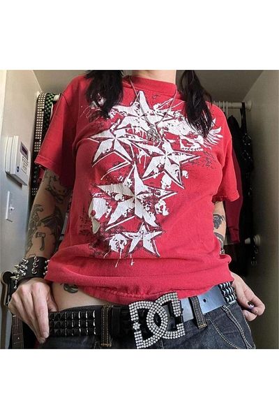 Köstebek تي شيرت أحمر Cyber Grunge Vintage Star