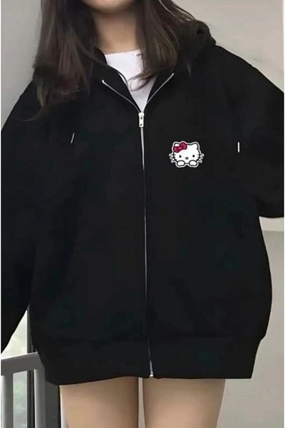 pandy Hanorac/cardigan cu fermoar sezonier supradimensionat cu buzunar cangur cu glugă cu imprimeu Hello Kitty