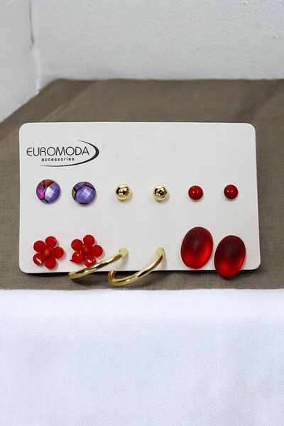 EUROMODA Ring Daisy Colorful Earrings Designed with Ball and Solitaire 6-Piece Red Earring Set