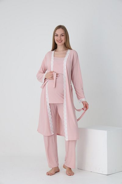 Miss Dünya Lissa Lace Detailed Long Dressing Gown Twill Strap Maternity and Maternity Pajama Set