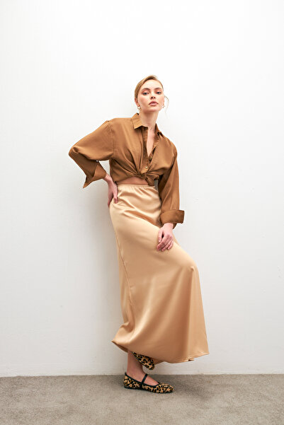 Bipantolon Fusta evazată din satin drapat cu talie biscuit pentru femei