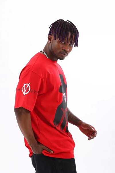 Amara Boutique Unisex Oversize Printed Crew Neck T-Shirt - Red