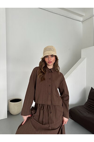 Laluvia Barna 100% pamut zsebes ing szoknya vászon szett - 8601