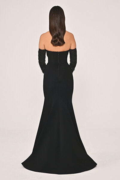 ALFABETA Straplez Yaka ve Kol Taşlı File Krep Uzun ABİYE Elbise