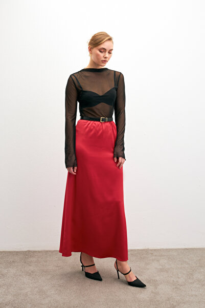 Bipantolon Women's Red Elastic Waist Flowy Satin Flared Skirt