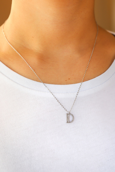 Brillo Gümüş Renk Zirkon Taşlı Çelik Harf Kolye(51 cm)