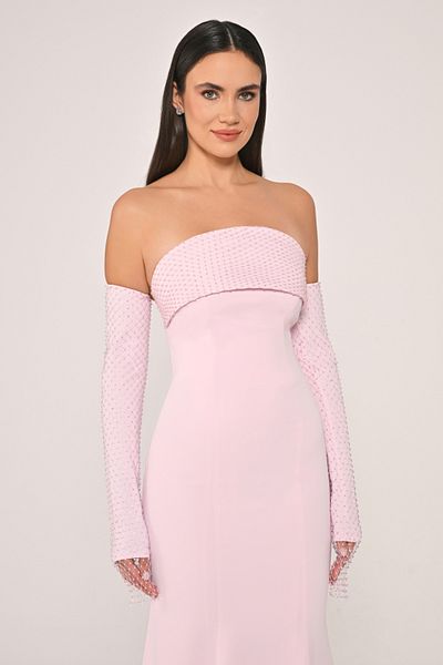 ALFABETA Straplez Neck and Gloves Stone Print Detail Fish Cut Long Stylish Evening Dress